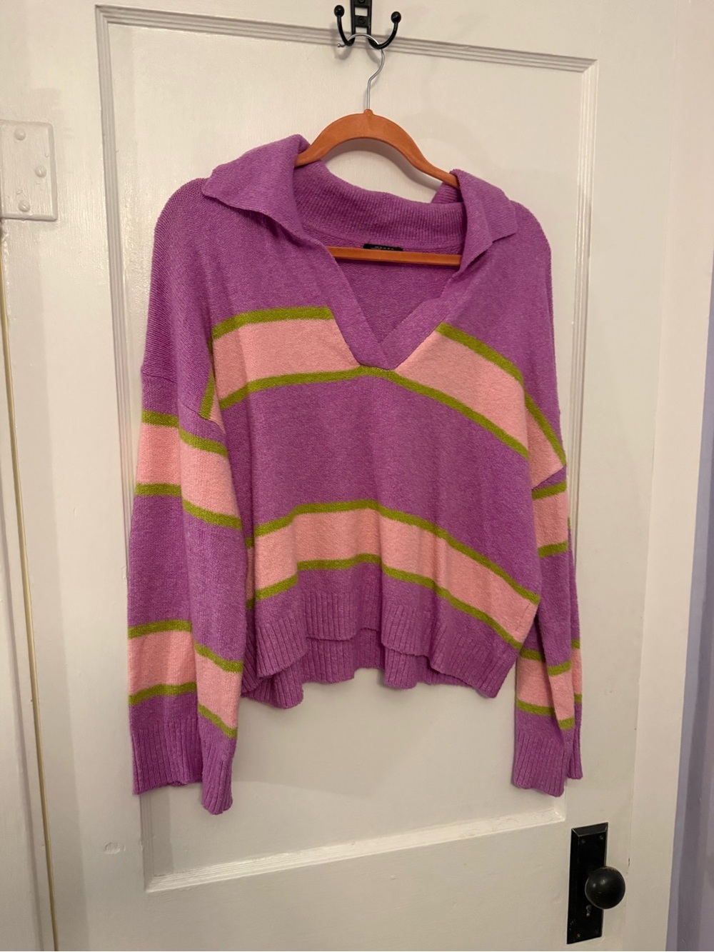 wild fable Purple V-Neck Sweater with Pink and Green Stripes